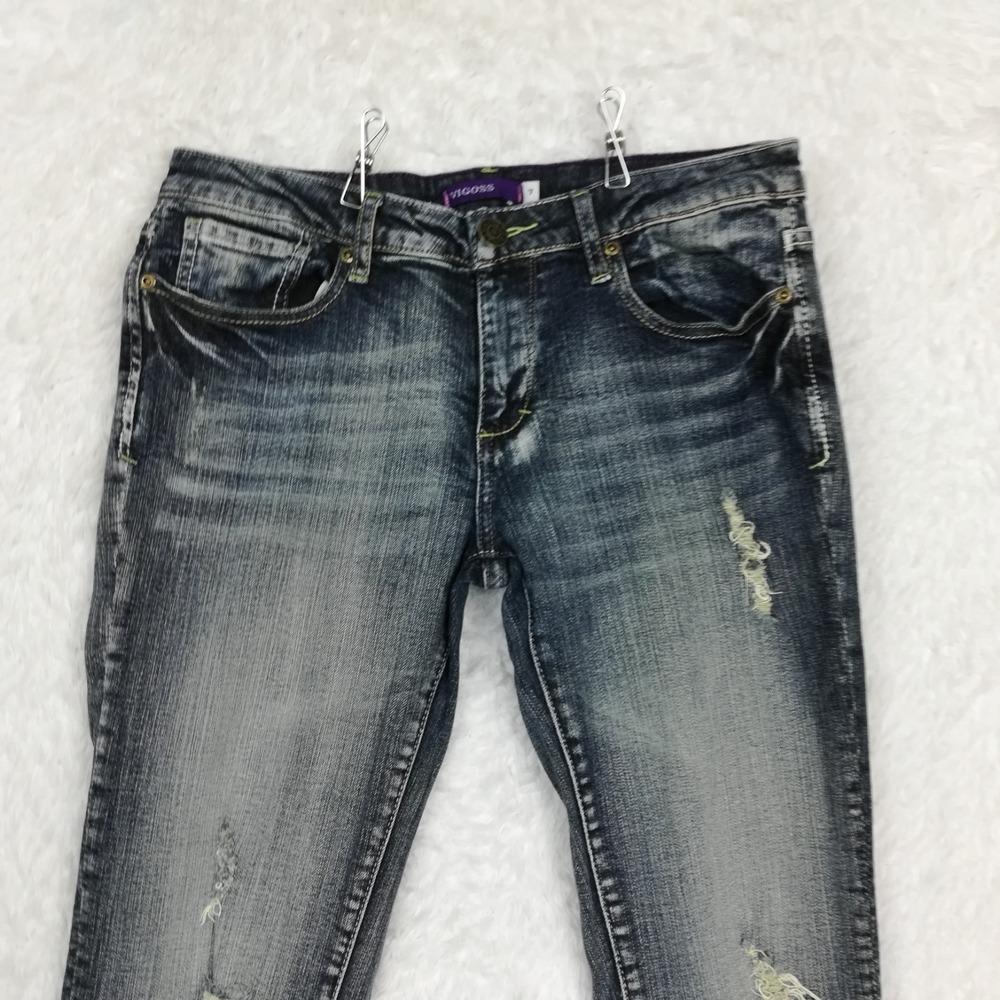 Vigoss Womens Jeans Flare Low Flap Pocket Blue Denim Vintage Wash Distressed 7 - Picture 8 of 10